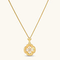 Gold-plated flower pendant necklace with brushed finish, open-work center, marquise CZ stones on wheat chain, S925 stamp.