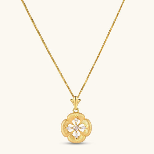 Gold-plated flower pendant necklace with brushed finish, open-work center, marquise CZ stones on wheat chain, S925 stamp.
